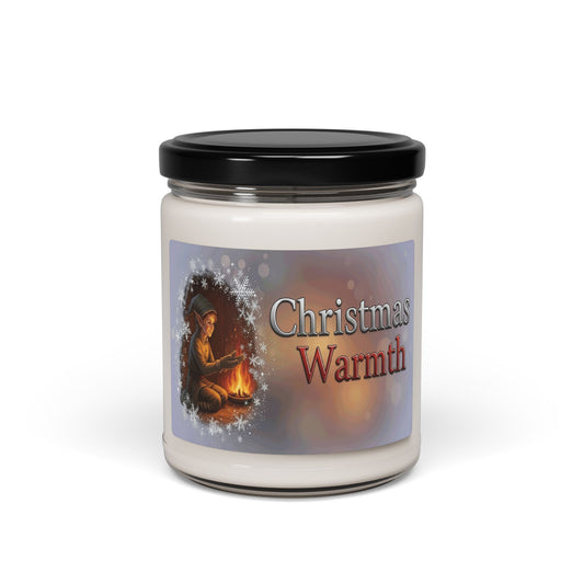 Candle jar labeled 'Christmas Warmth' with a decorative label on a white background
