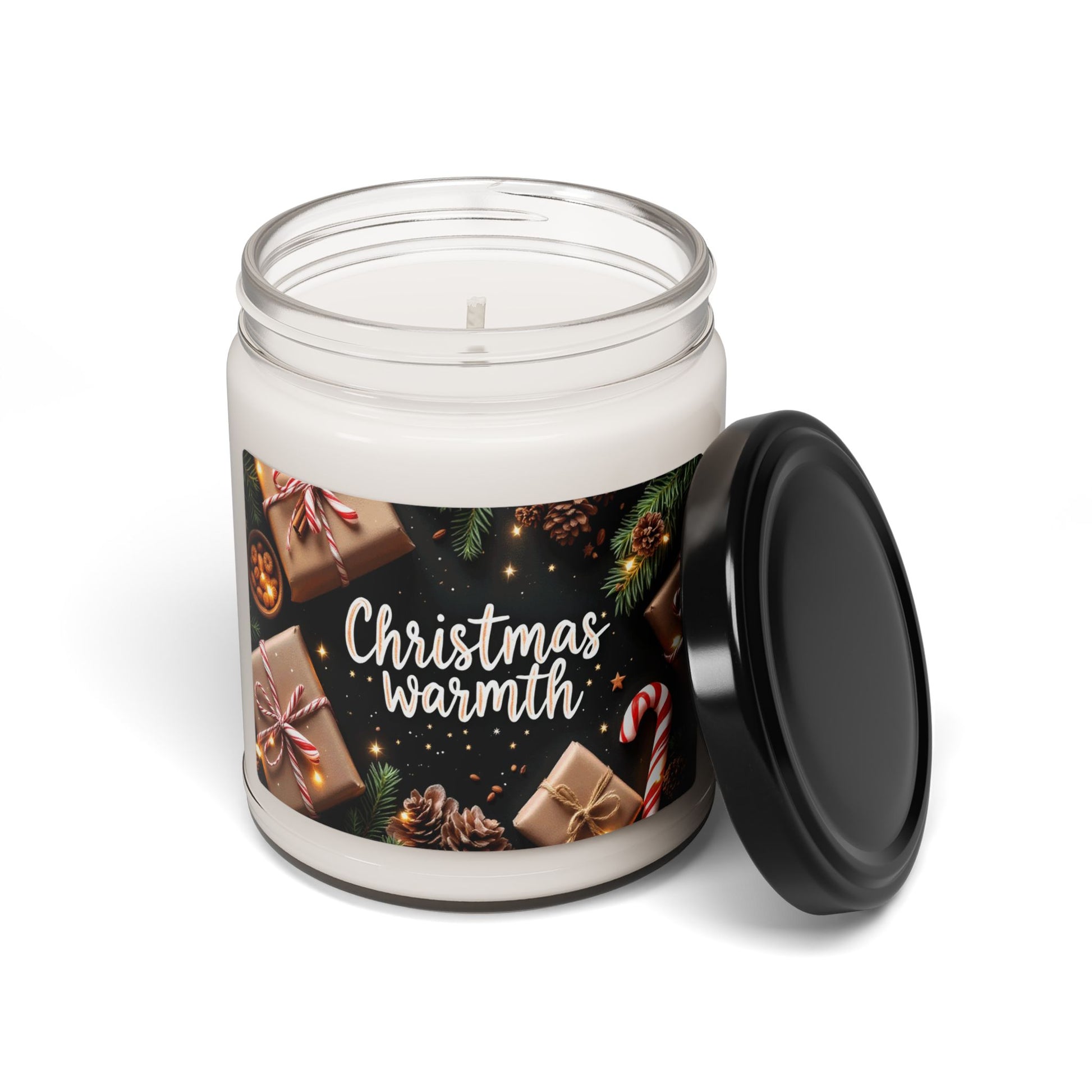 Candle jar with a 'Christmas Warmth' label on a white background
