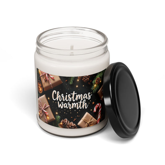 Candle jar with a 'Christmas Warmth' label on a white background