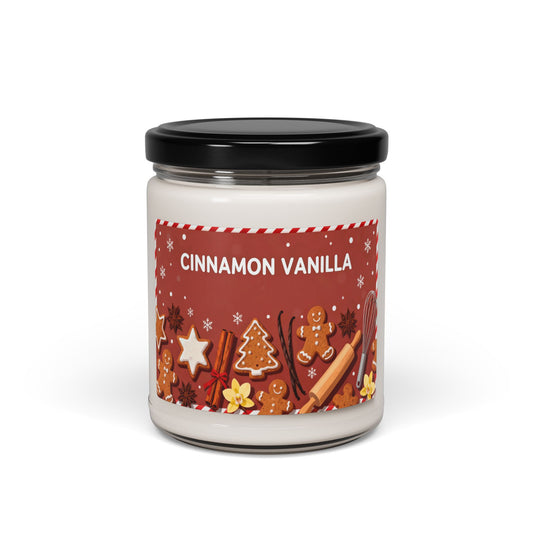 Candle jar with cinnamon vanilla label on a white background