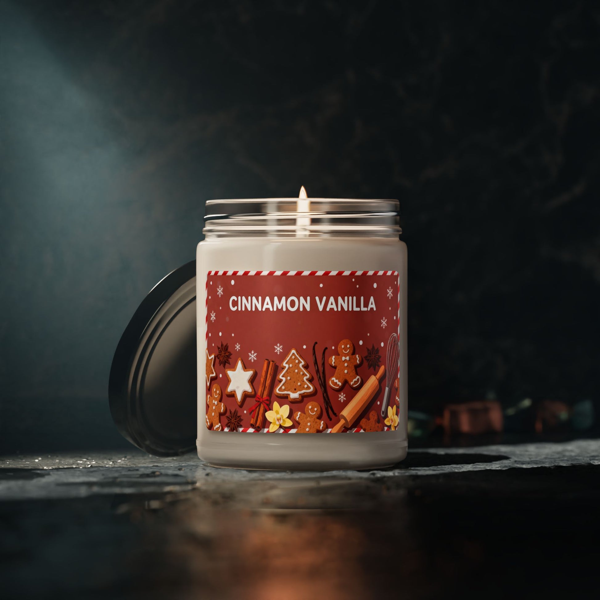 Candle in a glass jar with a cinnamon vanilla label on a dark background