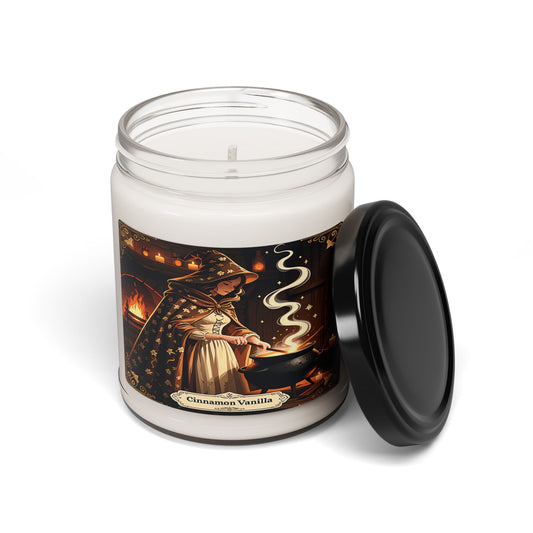 Candle jar with a witch design and 'Cinnamon Vanilla' label on a white background