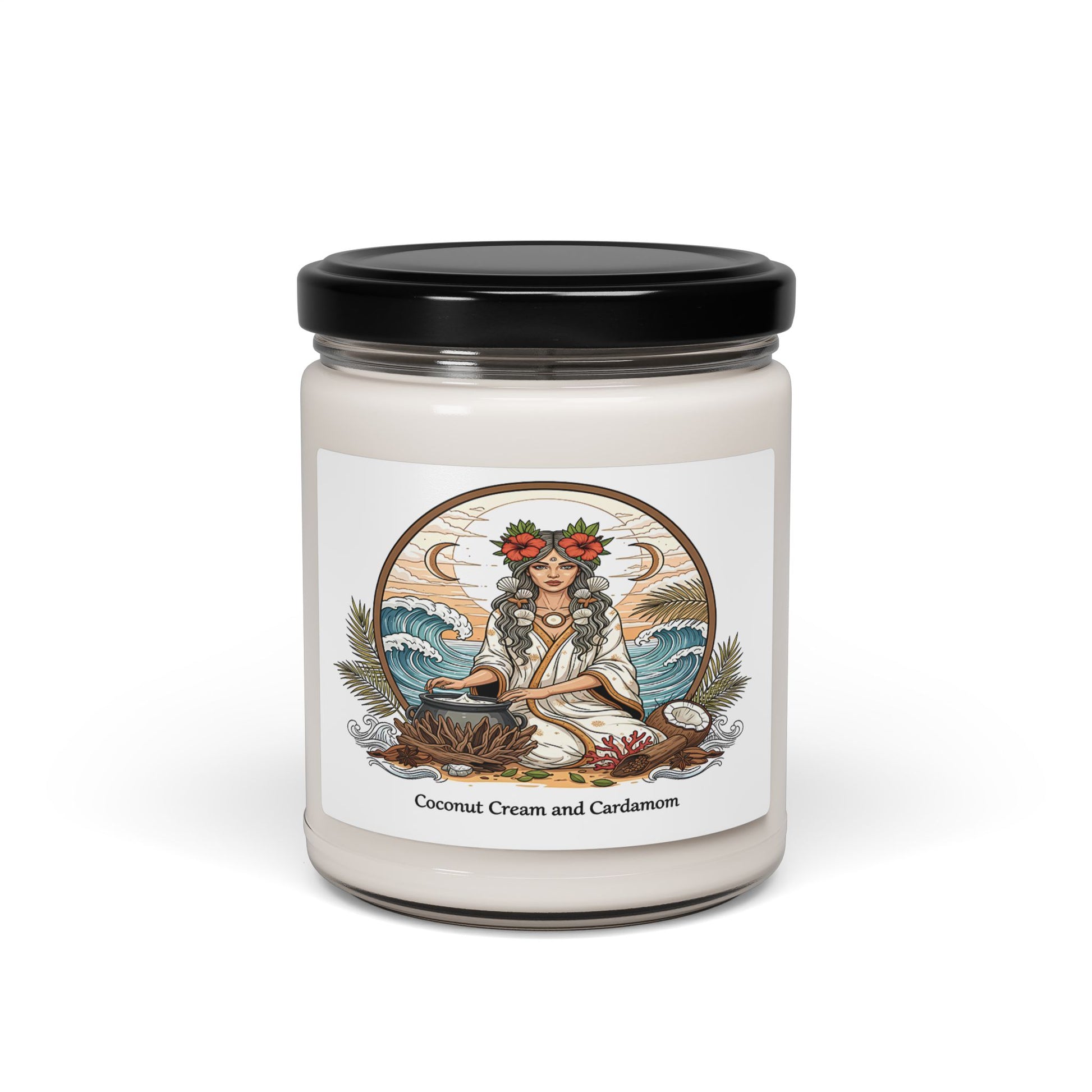 Candle jar with a label featuring an illustration of a woman and natural elements on a white background.