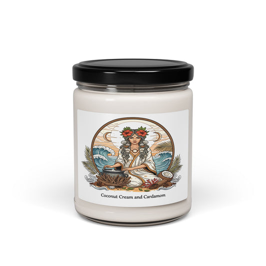Candle jar with a label featuring an illustration of a woman and natural elements on a white background.