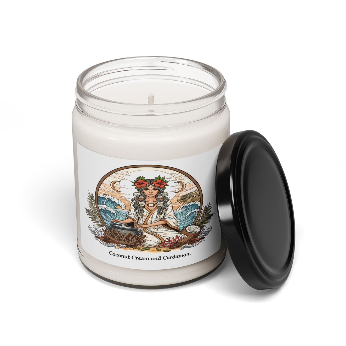Candle jar with a decorative label on a white background