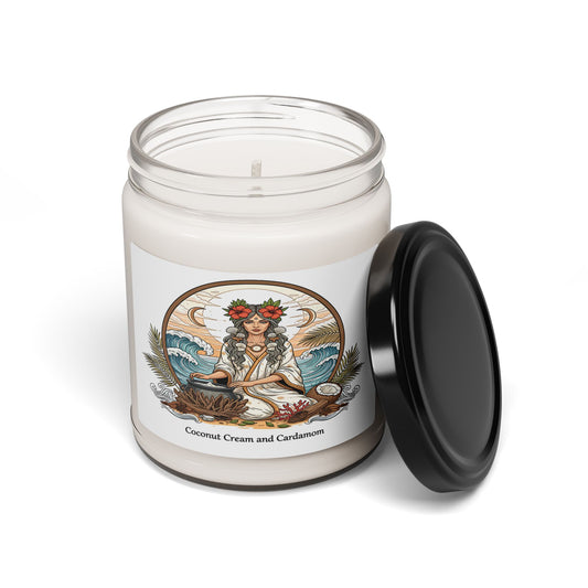 Candle jar with a decorative label on a white background