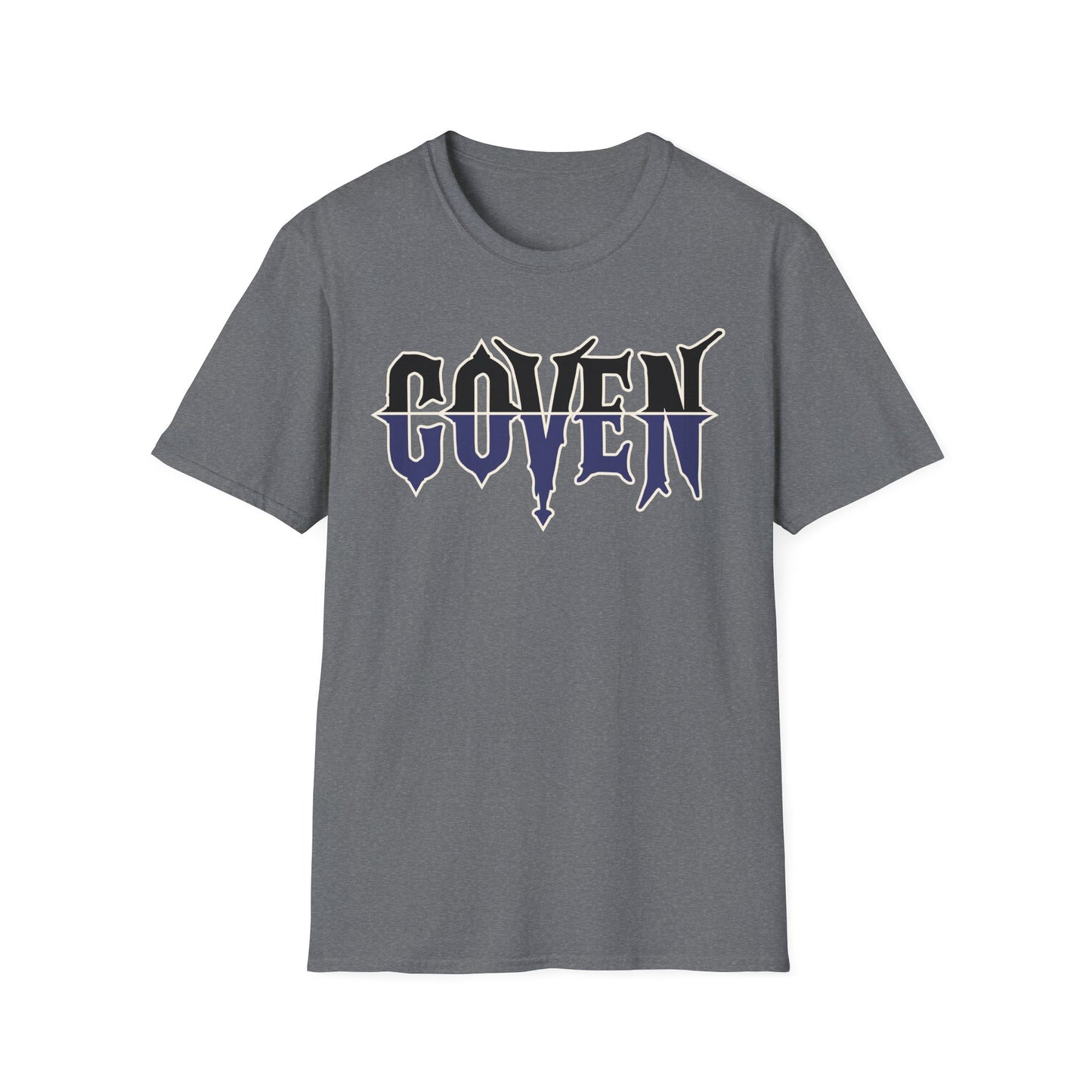 Gray t-shirt with 'COVEN' printed on it against a white background