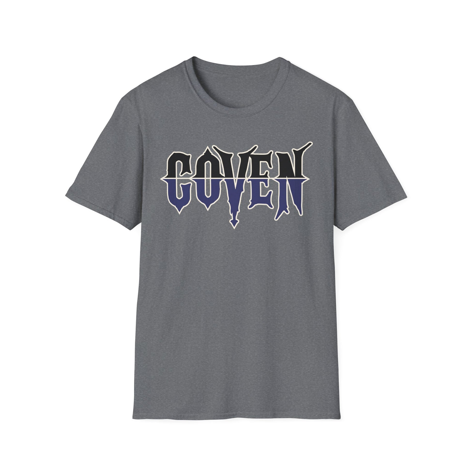 Gray t-shirt with 'COVEN' printed on it against a white background