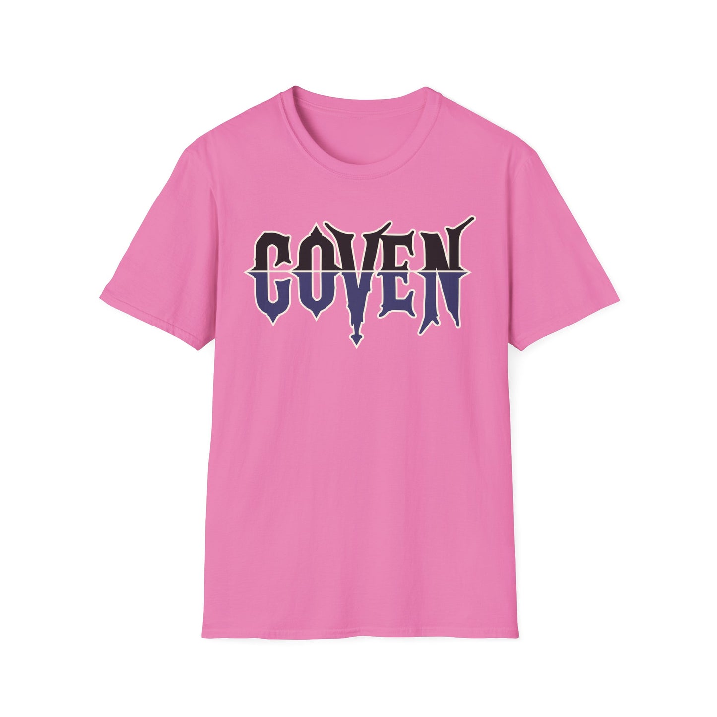 Pink t-shirt with 'COVEN' text on a white background