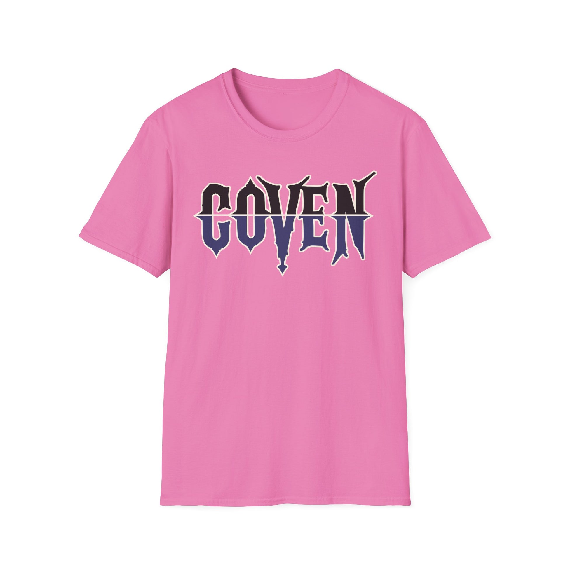 Pink t-shirt with 'COVEN' text on a white background