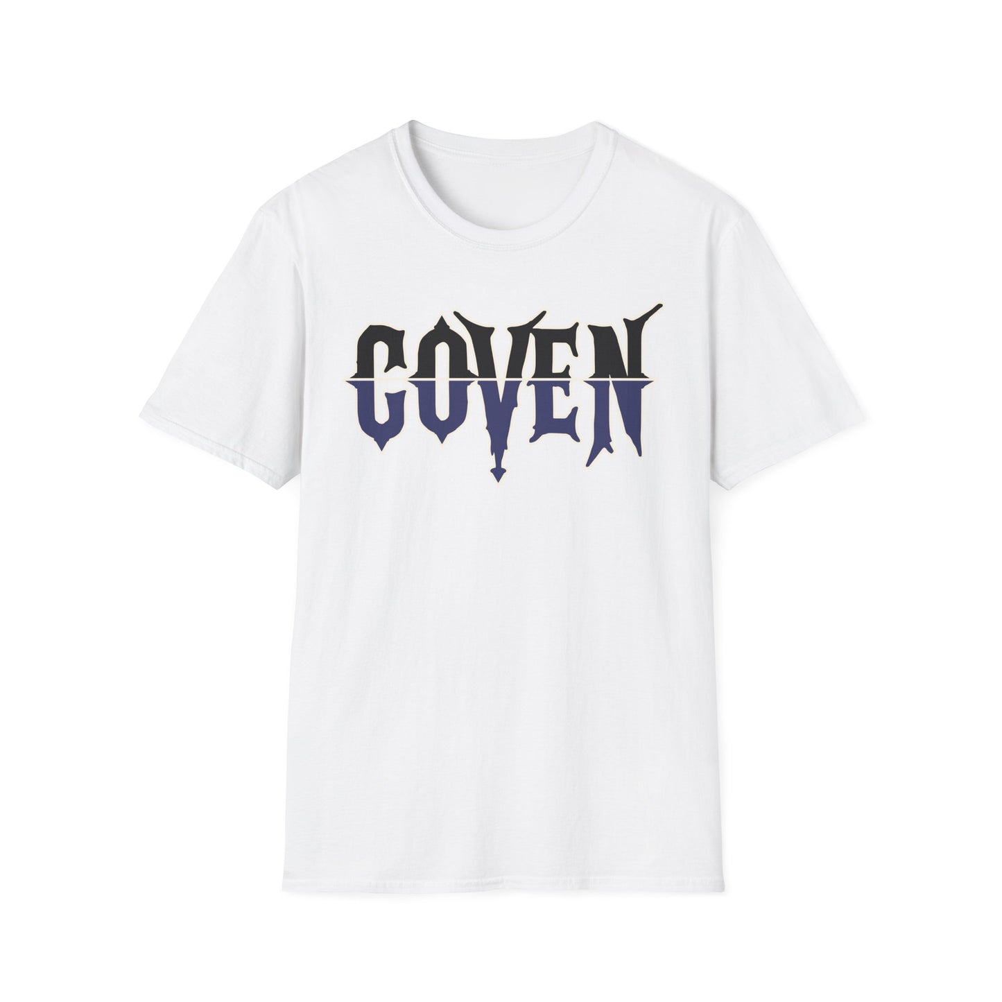 White t-shirt with 'COVEN' printed on it against a white background