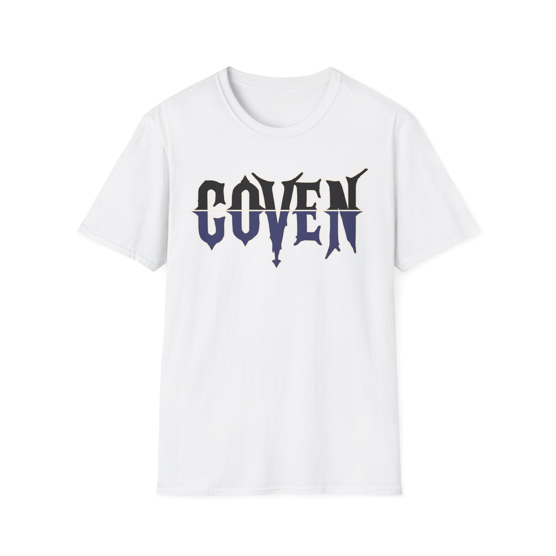 White t-shirt with 'COVEN' printed on it against a white background