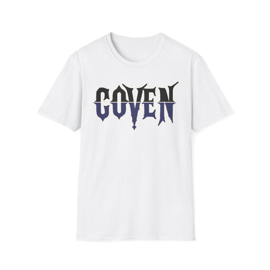 White t-shirt with 'COVEN' printed on it against a white background