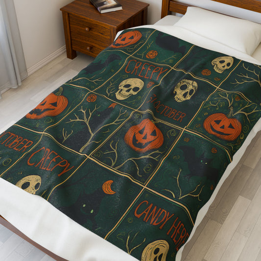 Halloween-themed blanket on a bed with pumpkins, skulls, and text.