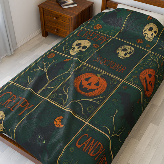 Halloween-themed bedspread with pumpkins, skulls, and text on a bed.