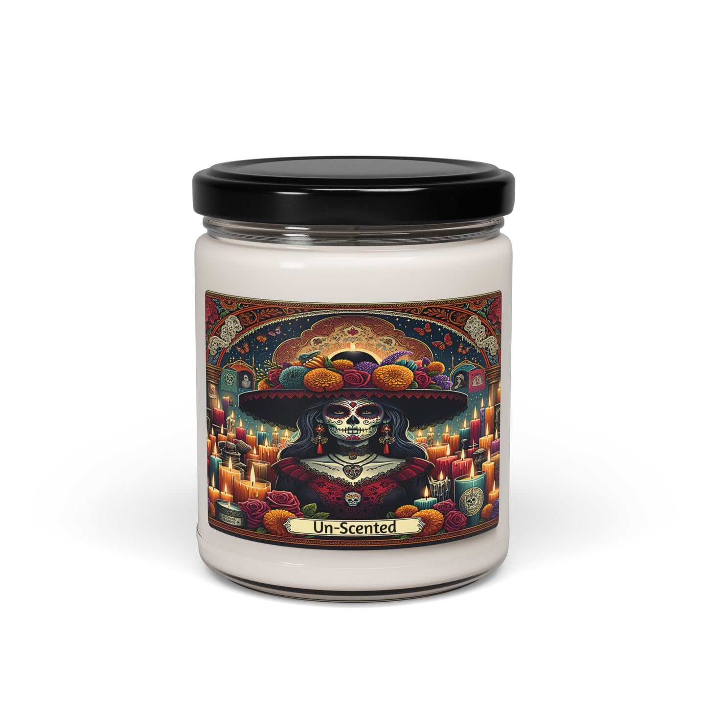 Candle jar with colorful label featuring a skeleton in a sombrero on a white background