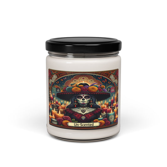 Candle jar with colorful label featuring a skeleton in a sombrero on a white background