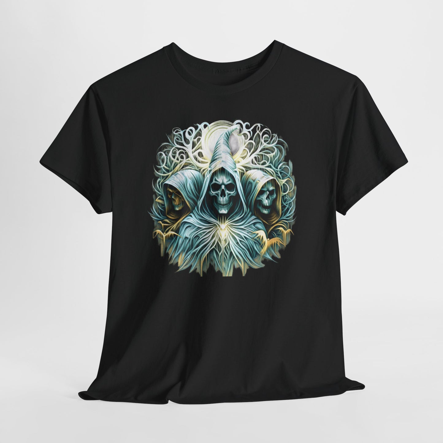 Gothic Skeleton Trio T Shirt Hooded Skull Sorcerer Moon Design Dark Fantasy Witchy Halloween Graphic Tee
