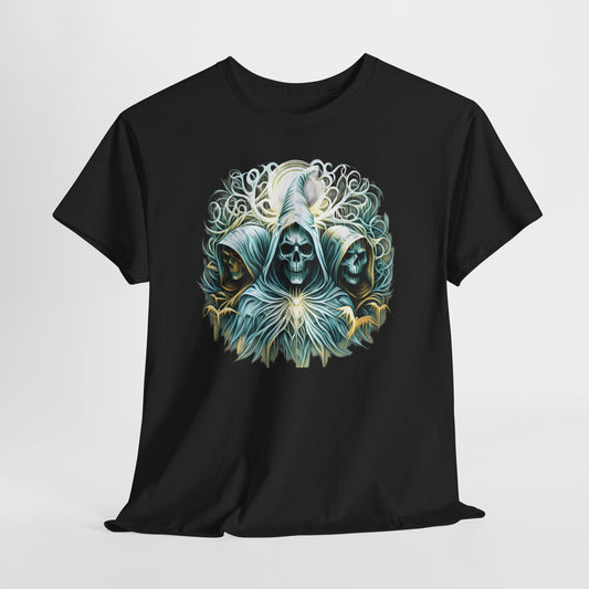 Gothic Skeleton Trio T Shirt Hooded Skull Sorcerer Moon Design Dark Fantasy Witchy Halloween Graphic Tee