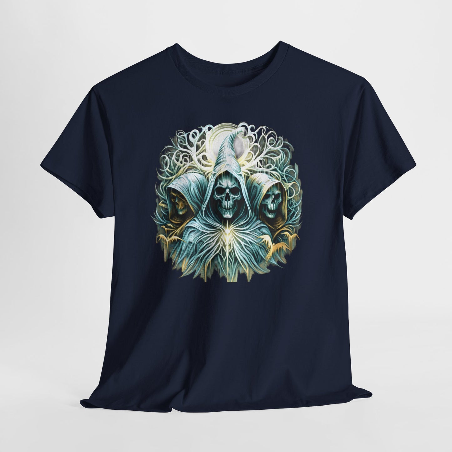 Gothic Skeleton Trio T Shirt Hooded Skull Sorcerer Moon Design Dark Fantasy Witchy Halloween Graphic Tee