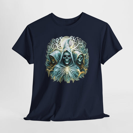 Gothic Skeleton Trio T Shirt Hooded Skull Sorcerer Moon Design Dark Fantasy Witchy Halloween Graphic Tee