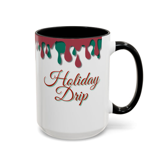 Mug with 'Holiday Drip' design on a white background