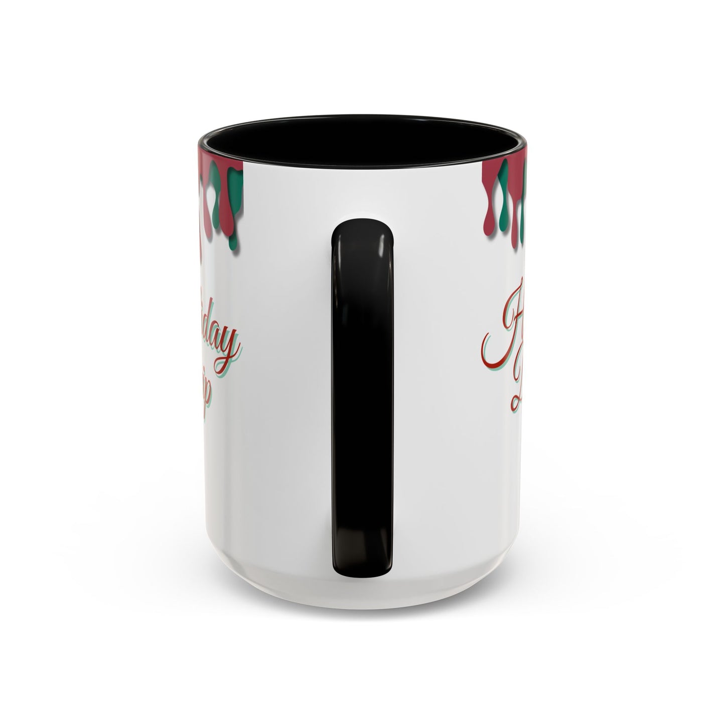 White mug with black handle and red and green designs on a white background