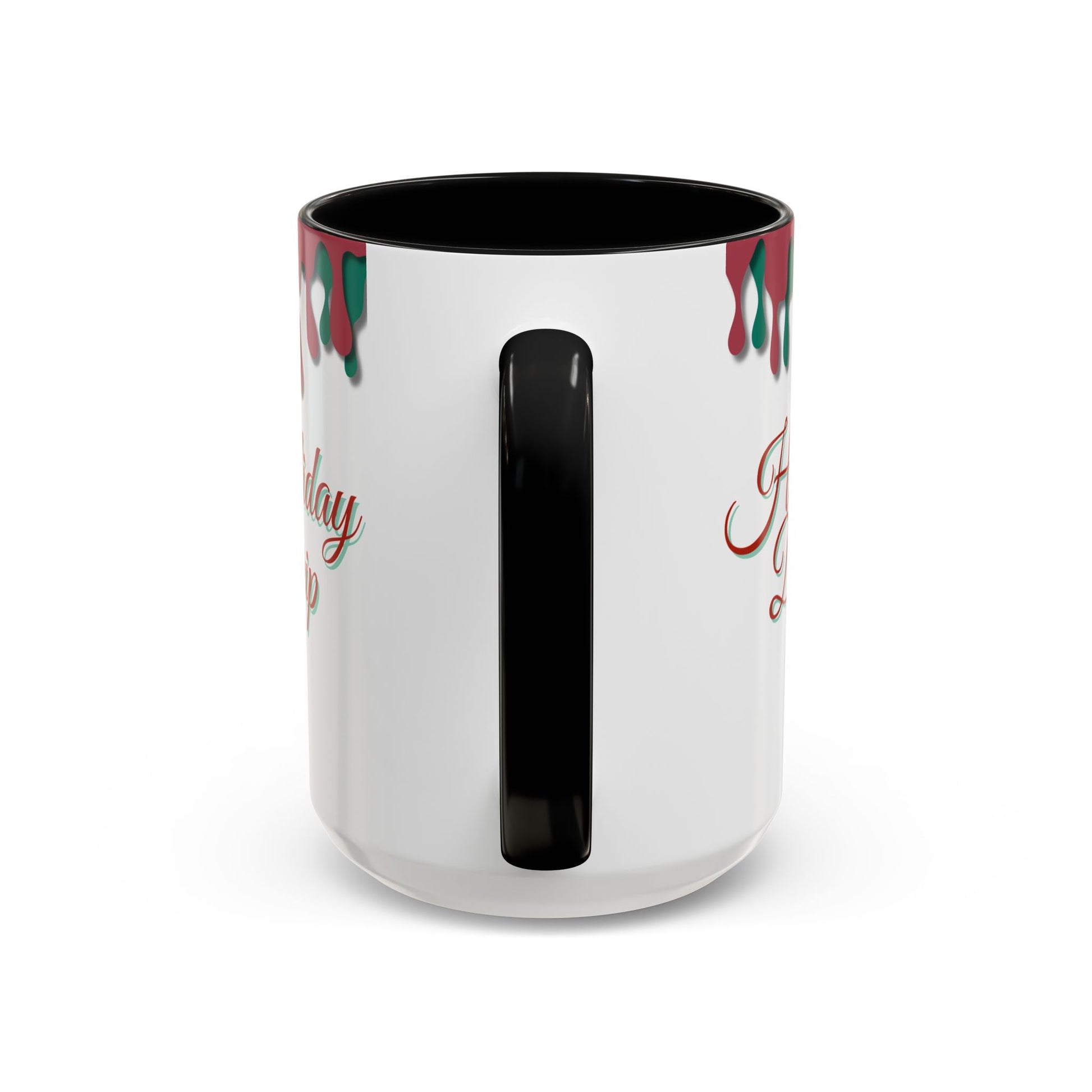 White mug with black handle and red and green designs on a white background