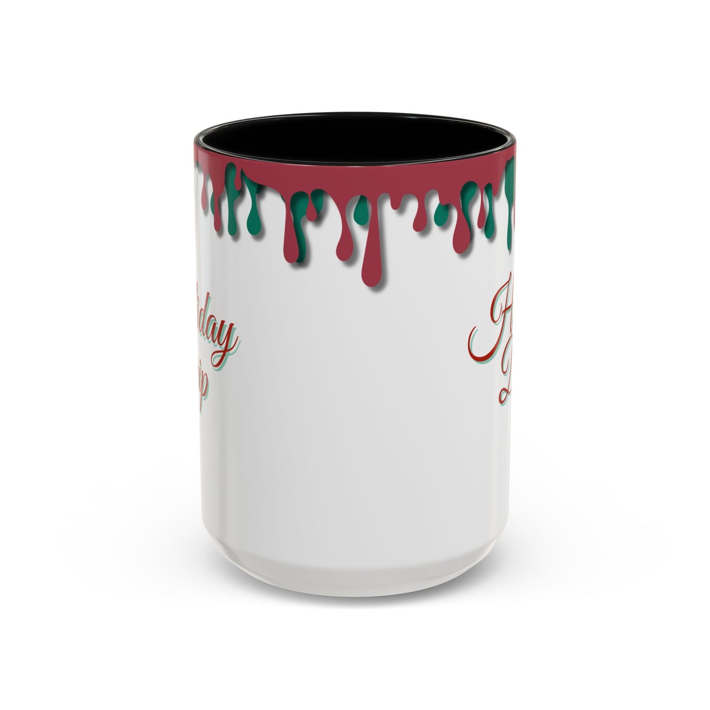 White mug with red and green drips and text on a white background
