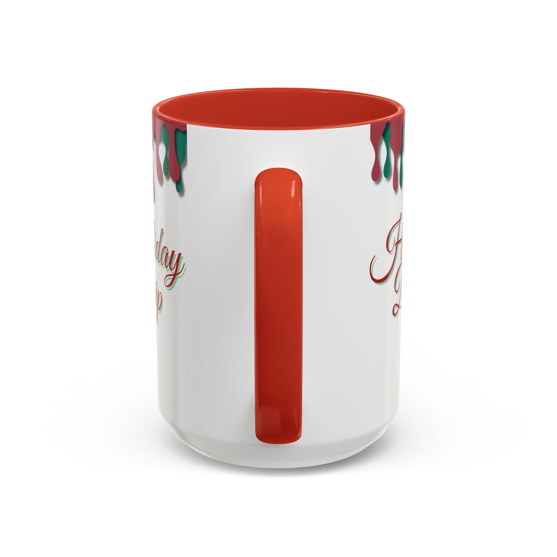 White mug with red interior and handle, featuring Christmas-themed designs on a white background.