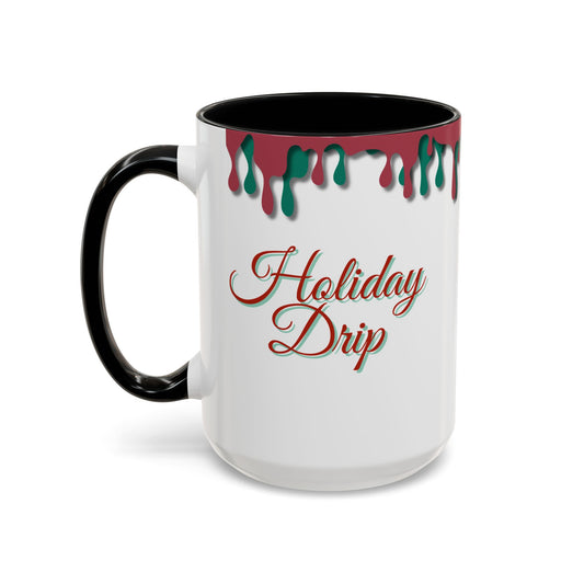 White mug with black handle and red and green drips, featuring the text 'Holiday Drip' on a white background.