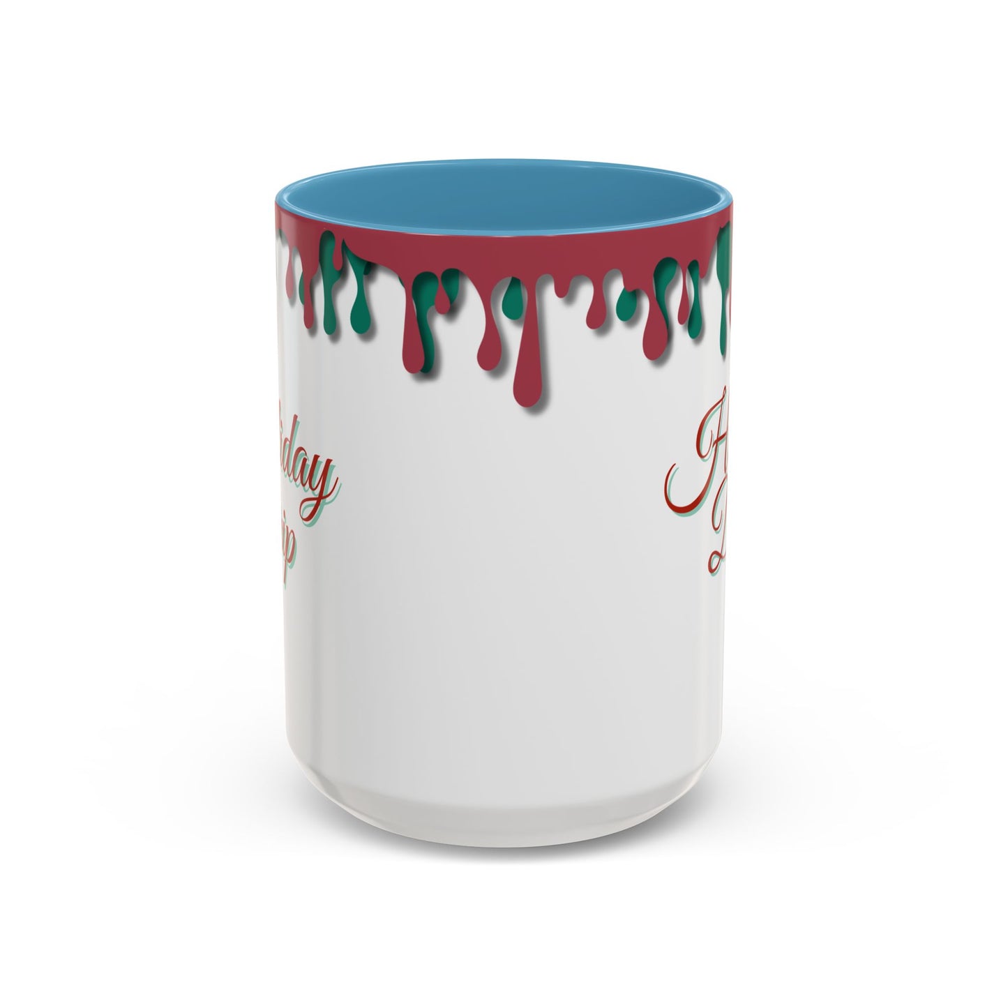 White mug with red and green drippy design on a white background