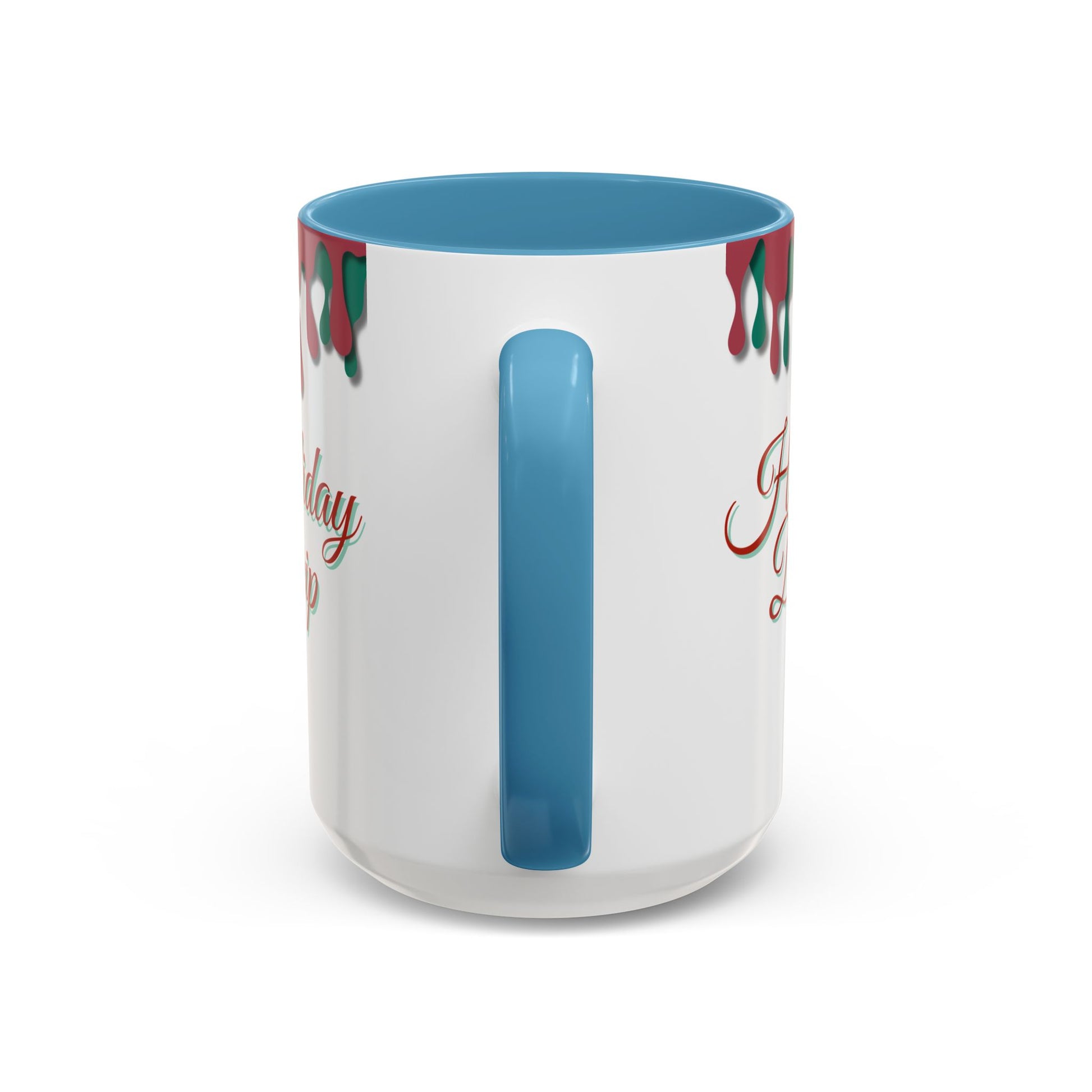 White mug with blue handle and interior, featuring red and green designs on a white background