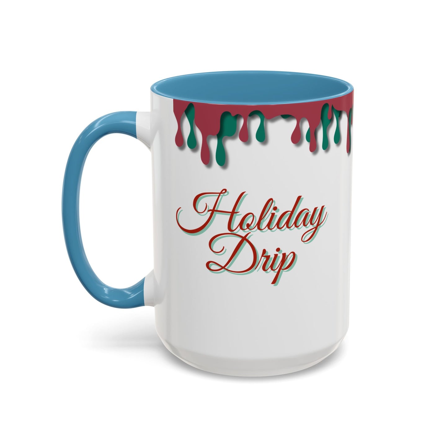 Mug with 'Holiday Drip' text and colorful drips on a white background