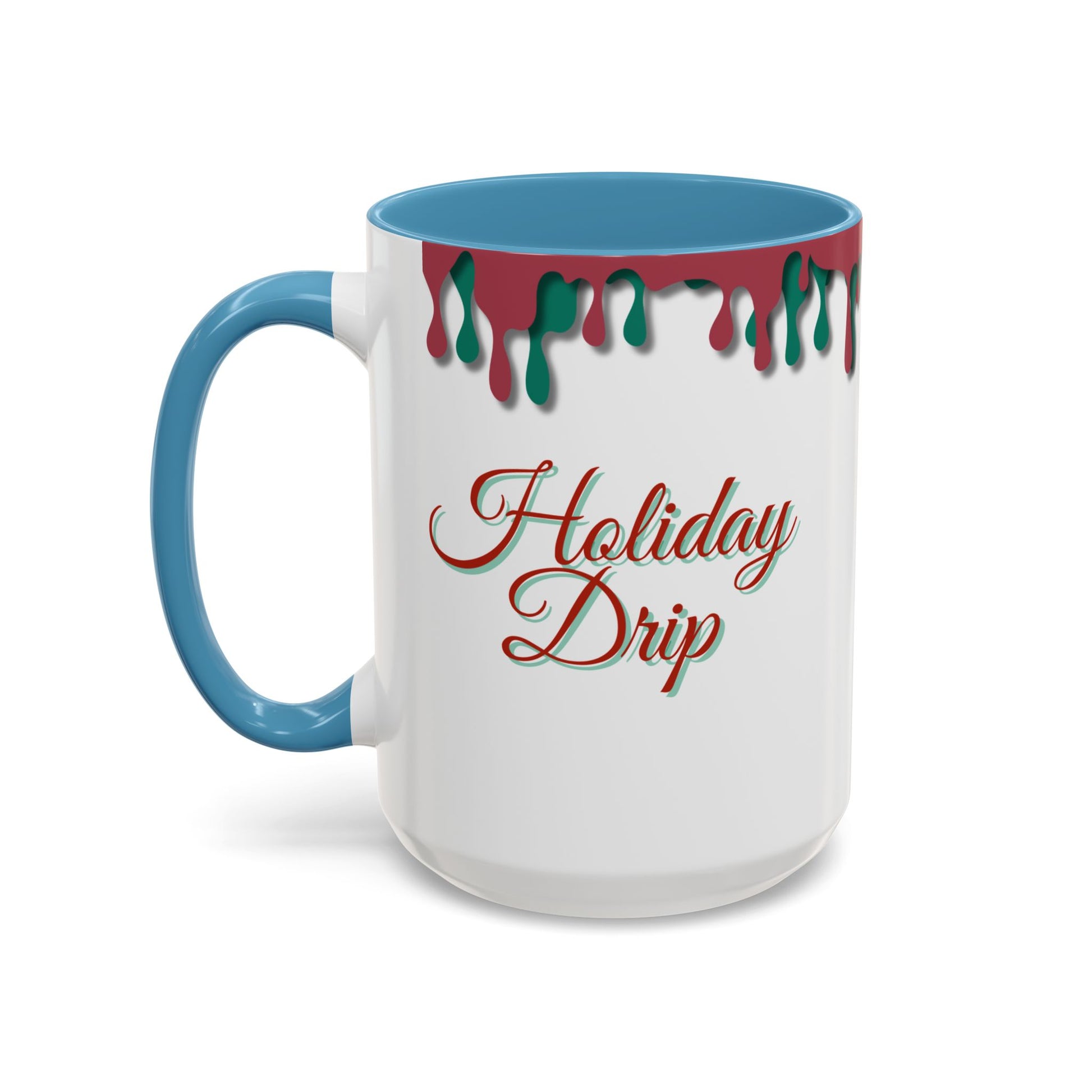 Mug with 'Holiday Drip' text and colorful drips on a white background