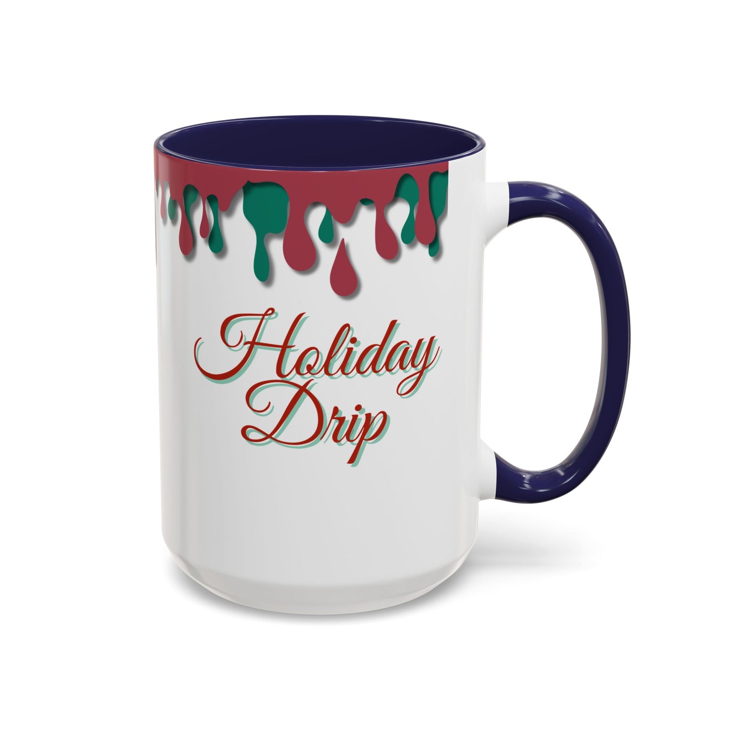 Mug with 'Holiday Drip' text and colorful drips on a white background