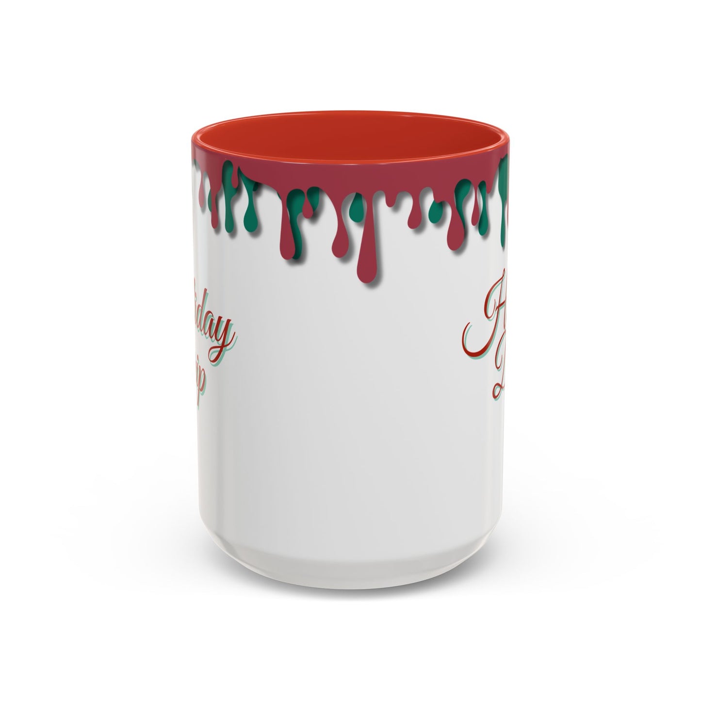 White mug with red interior and green and red drips on a white background