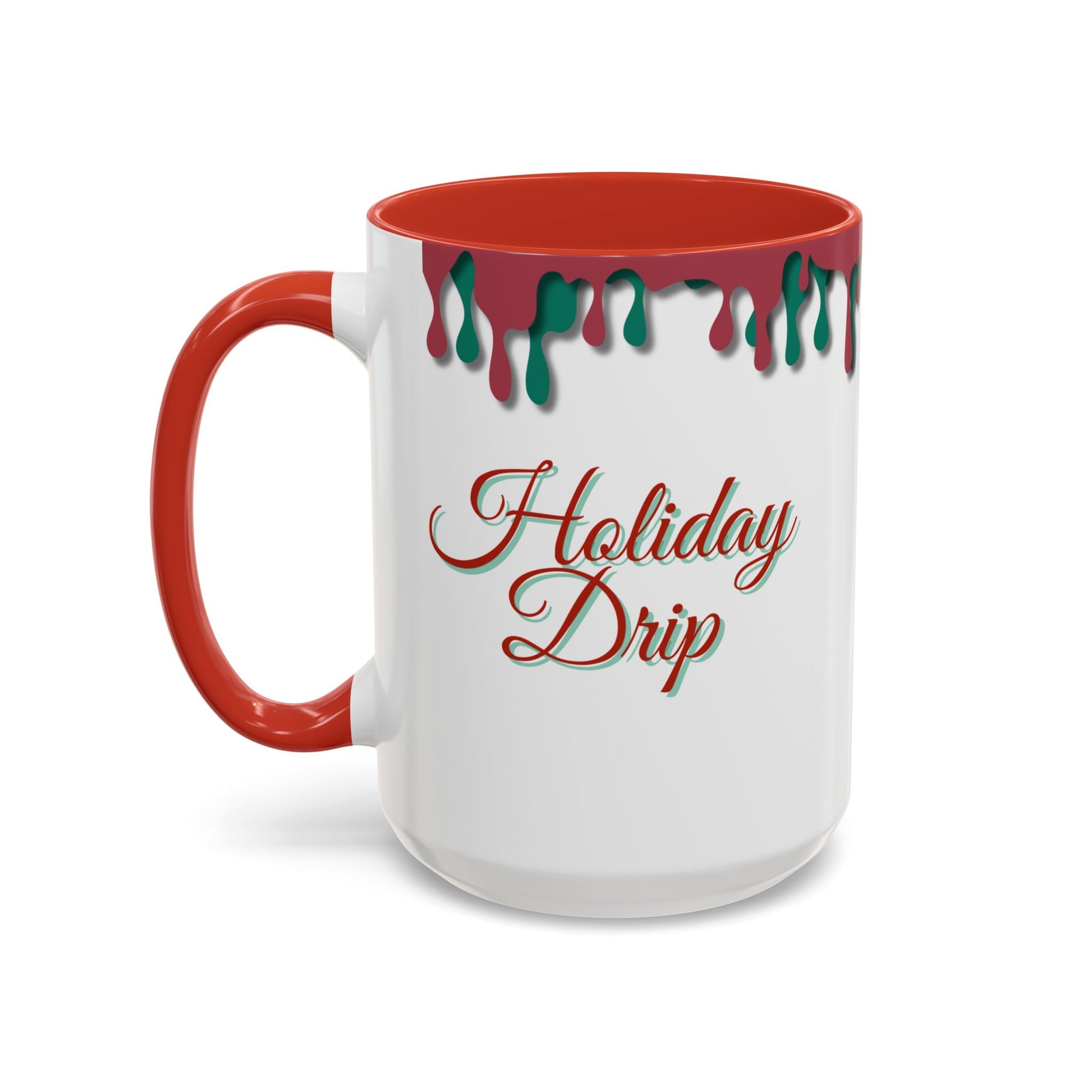 White mug with red interior and handle, featuring 'Holiday Drip' text and red and green drips on a white background.