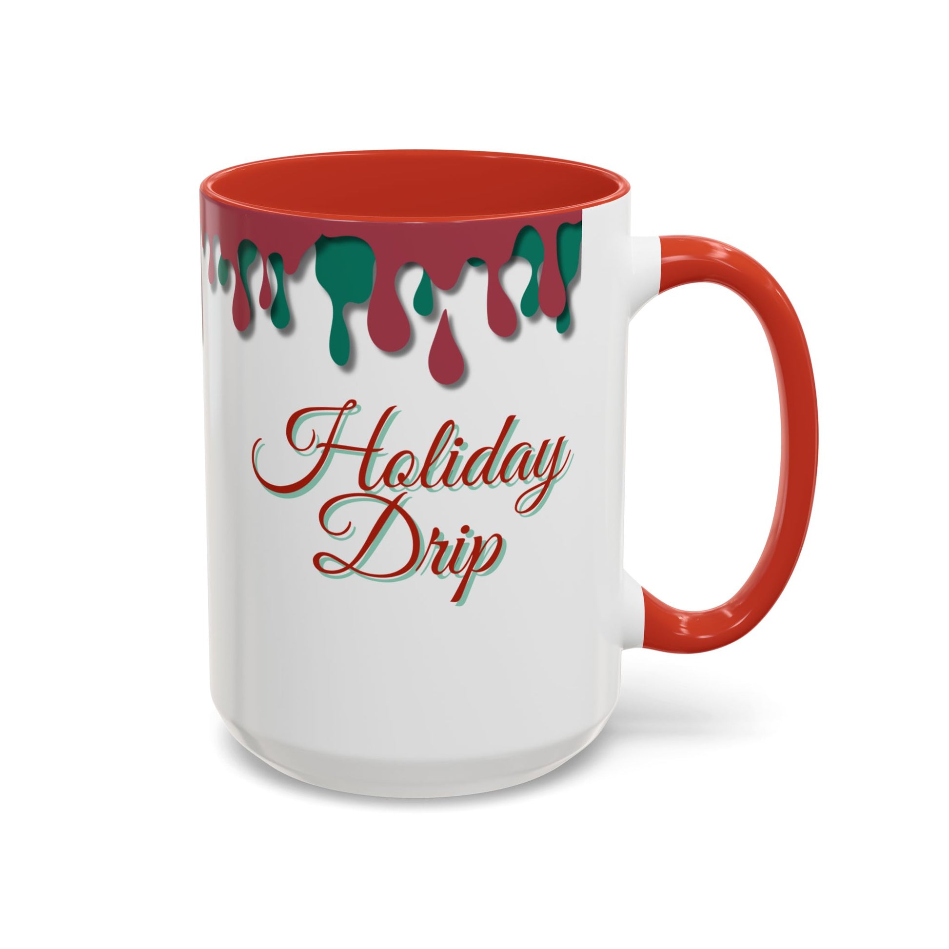 Mug with red interior, handle, and decorative text on a white background