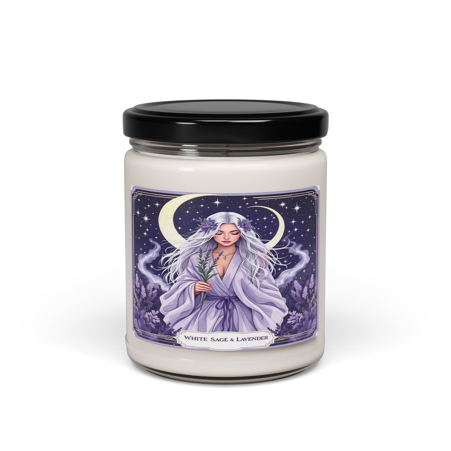 Candle jar with a purple label featuring an illustration of a woman and text on a white background