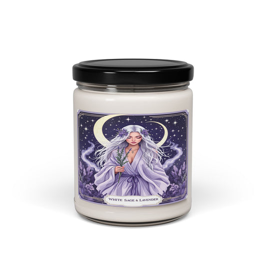 Candle jar with a purple label featuring an illustration of a woman and text on a white background