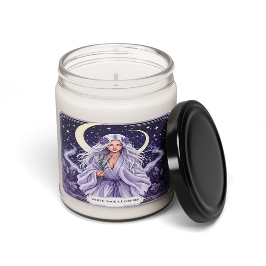 Candle jar with a decorative label featuring an illustration of a woman and celestial design on a white background.