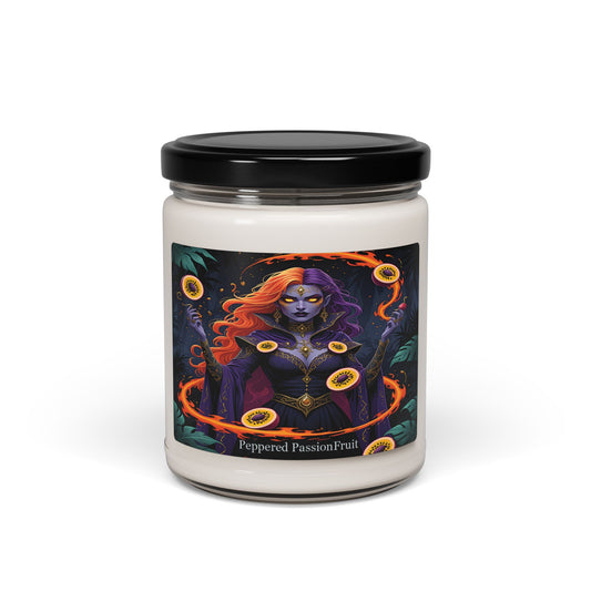 Candle jar with a colorful label featuring a character and 'Peppered Passion Fruit' text on a white background.