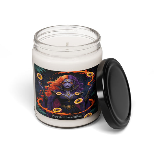 Candle with a colorful label featuring a character and text on a white background