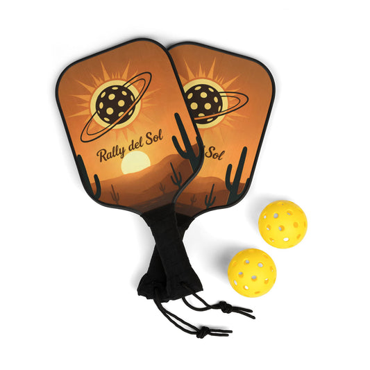 Two pickleball paddles with a cactus design and two yellow balls on a white background.