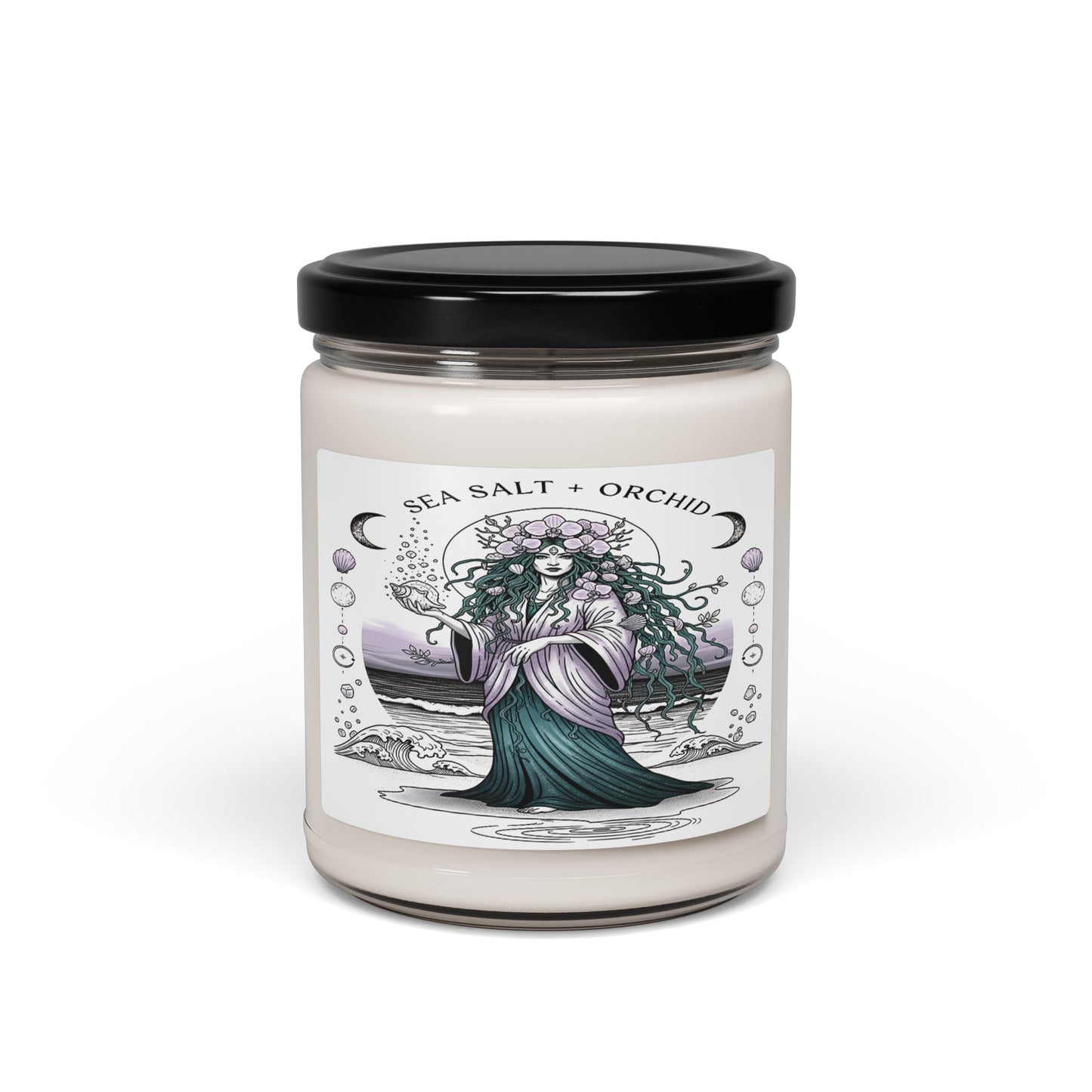 Candle jar with a decorative label on a white background