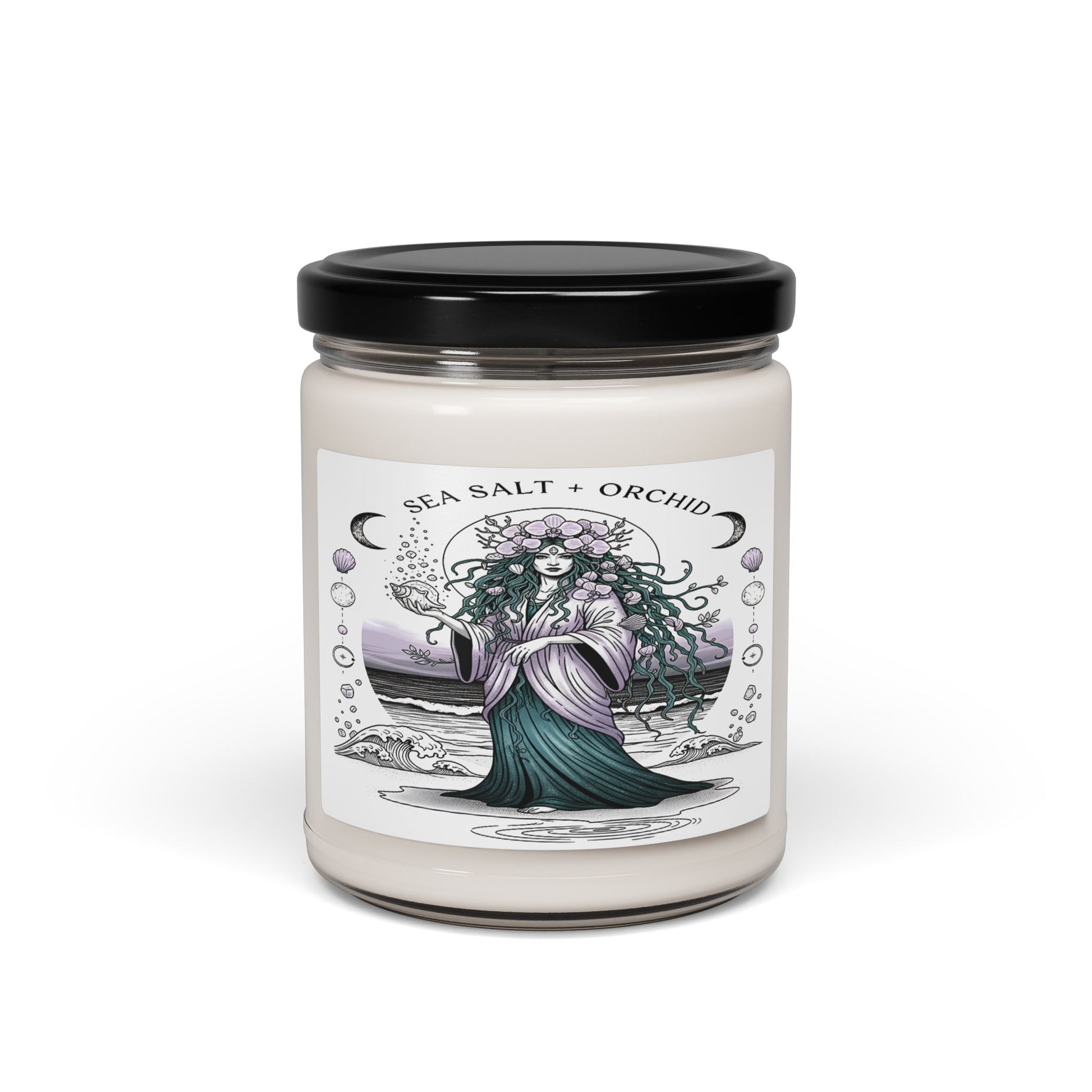 Candle jar with a decorative label on a white background
