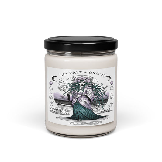 Candle jar with a decorative label on a white background