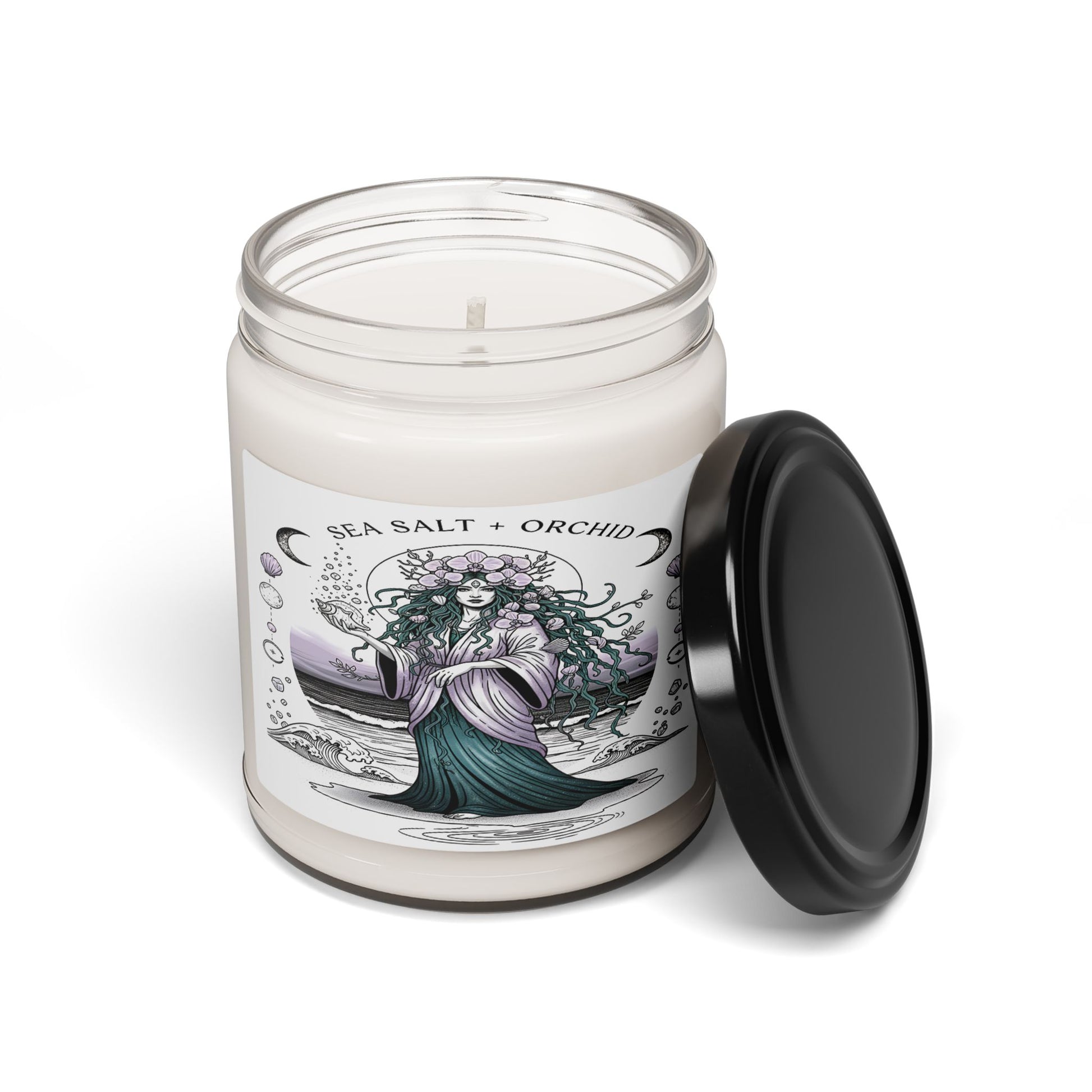Candle jar with a decorative label on a white background
