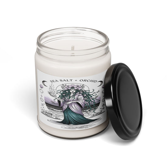 Candle jar with a decorative label on a white background